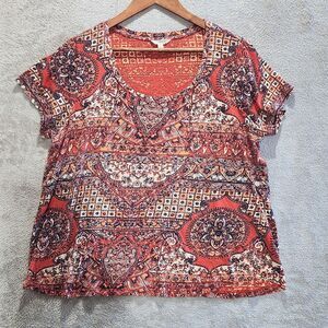 Lucky Brand Womens Orange Persian Carpet Short Sleeve Top Size 1X Boho Western